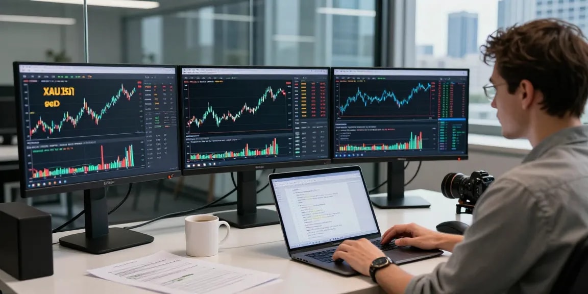 XAUUSD gold quote API real-time data displayed on multiple screens in a professional forex development workspace.