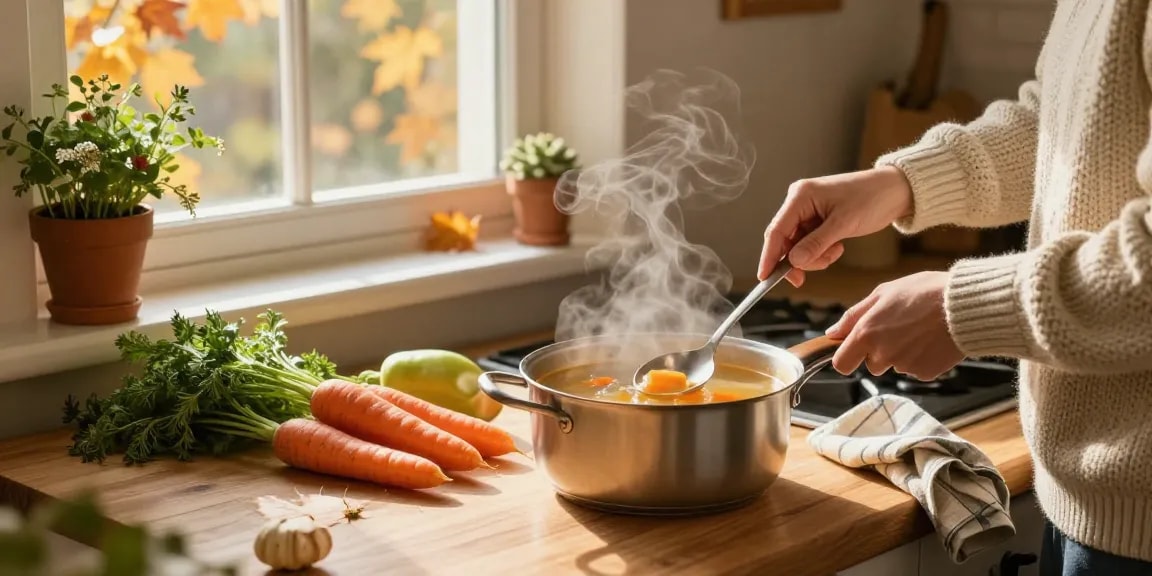 Köstliche klare Suppe, die in einer gemütlichen Küche zubereitet wird, mit frischen Zutaten und einer einladenden Atmosphäre.