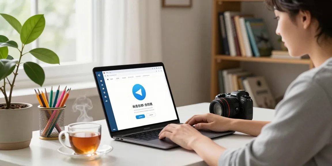 A cozy home office featuring Telegram中文 on a laptop screen in a productive workspace.