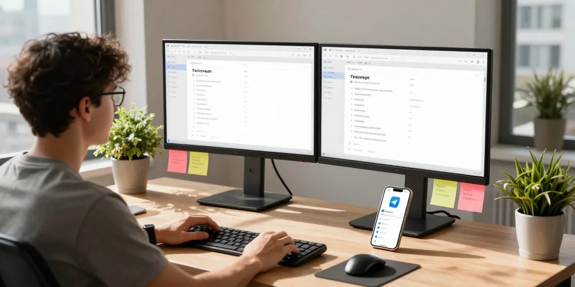 Customizing telegram中文 settings in a modern workspace with dual monitors.