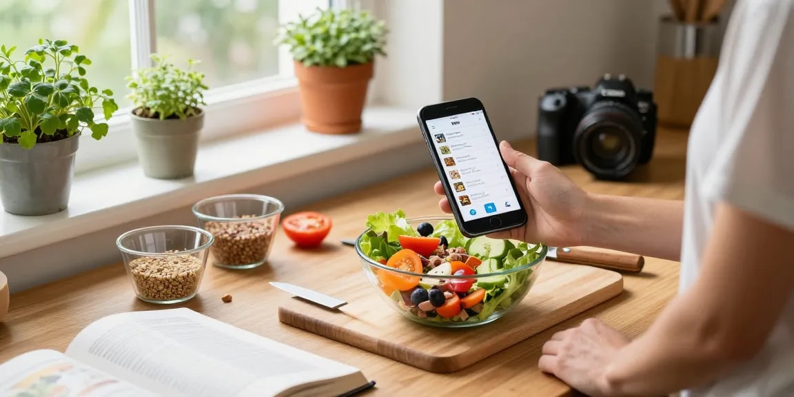 Person using the best food tracker app while preparing a healthy salad in a bright kitchen.