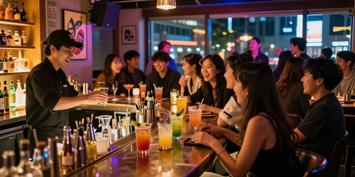 Vibrant nightlife at 상봉동 한국관나이트 with friends enjoying cocktails in a lively bar.