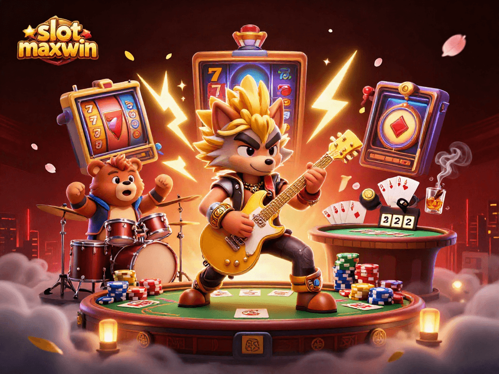 Experience slot maxwin excitement with a vibrant 3D casino scene featuring action-packed characters.