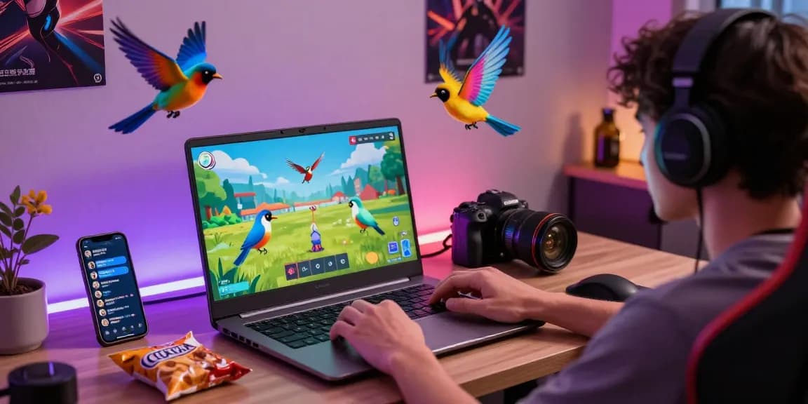 Engaging gaming scene with a player enjoying the rokok88 super virtual bird-catching game on a laptop in a cozy atmosphere.