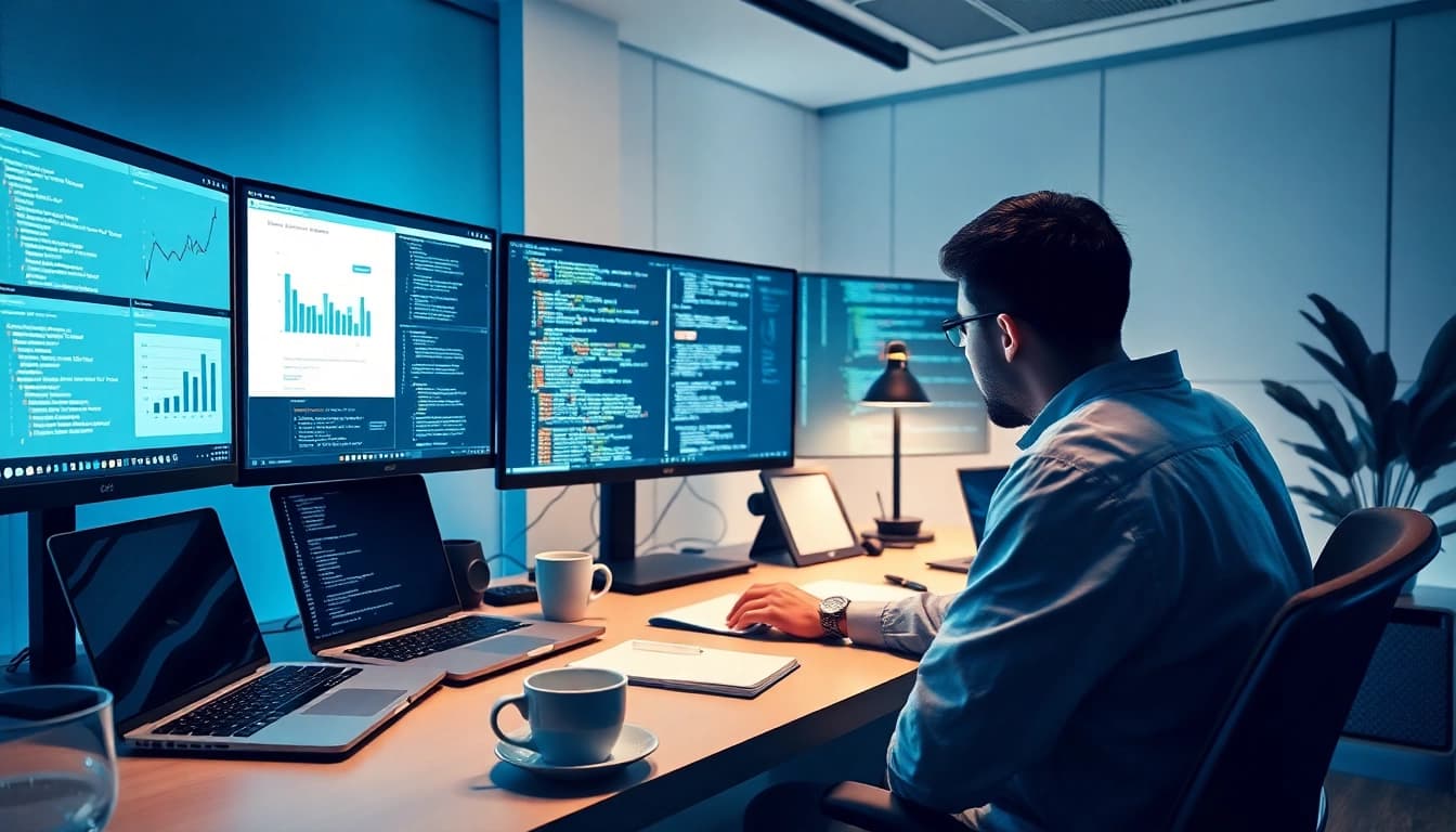 Developer analyzing web scrapping data in a modern workspace with multiple screens.