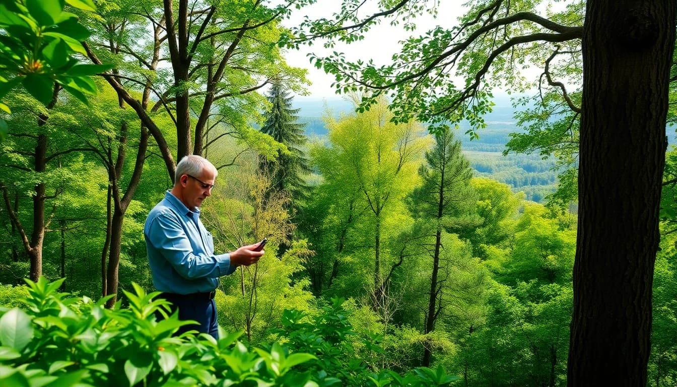 Engaging image representing tree consultancy highlighting tree health assessment in a serene forest.