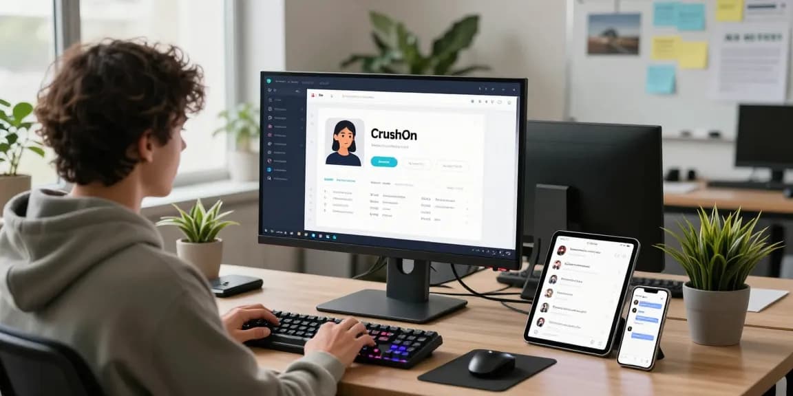 Engaging AI development scene featuring CrushOn app designer showcasing innovative character chats in a creative workspace.