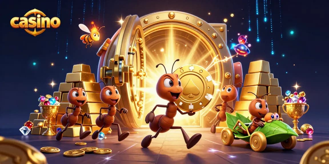 Cute cartoon ants planning a casino heist with golden chips, treasures bursting from a vault