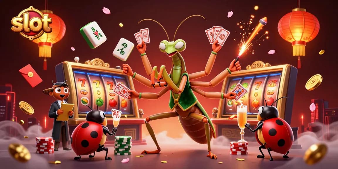 Spin the slot reels with a 3D mantis dealer and ladybug pit boss in this vibrant casino scene.