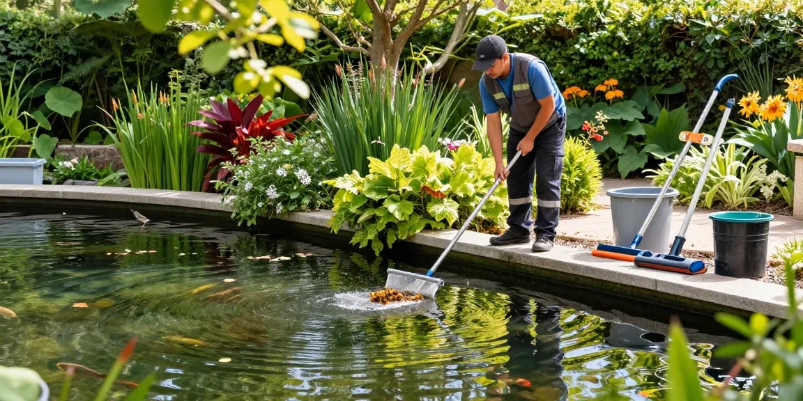 Professional Pond Cleaning London technician cleaning a beautiful garden pond in a serene environment.
