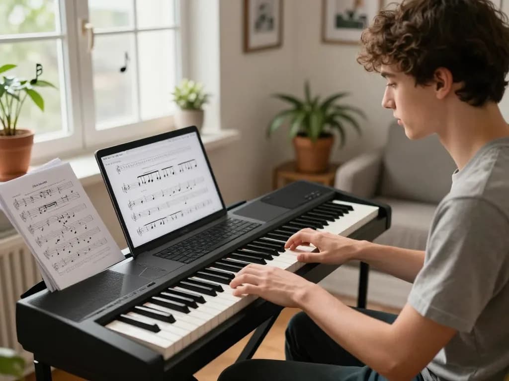 Engaging music learning with go 88 digital piano in a bright home setting.