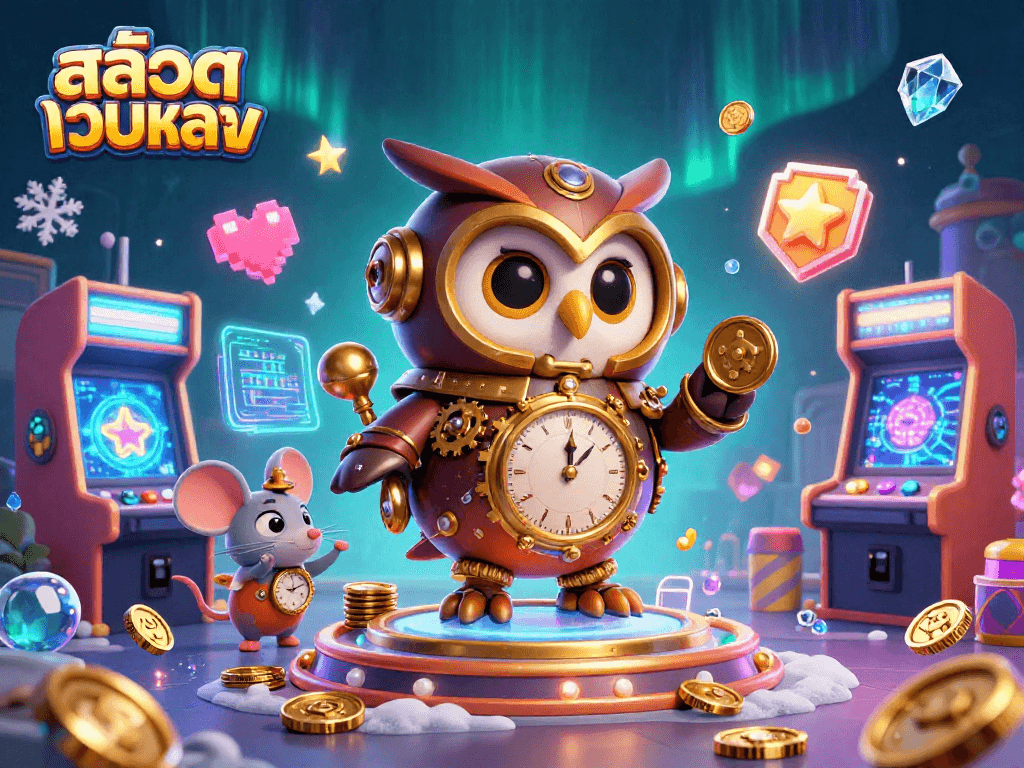Engage in thrilling gameplay as the time-traveler owl explores สล็อตเว็บตรง at a vibrant Victorian casino.