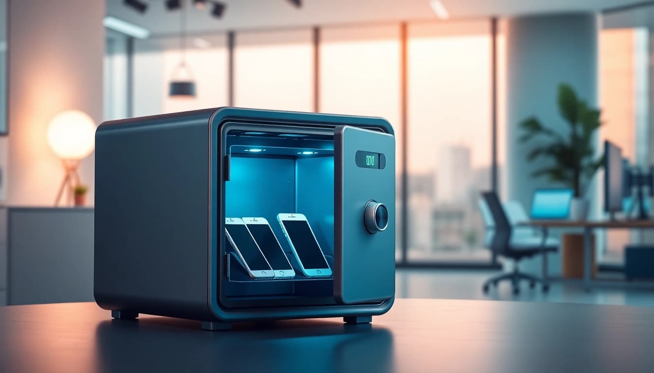 Phonelocker features and design showcased in a modern office environment.