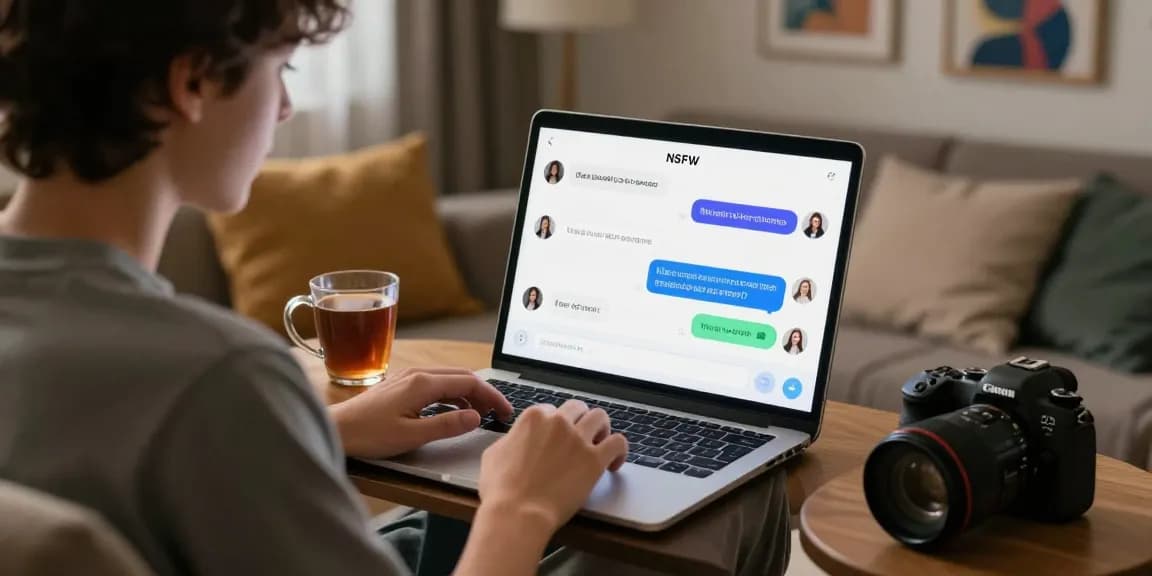 Engaged user exploring nsfw chat ai on a sleek laptop in a cozy setting, highlighting emotional conversations and customization.