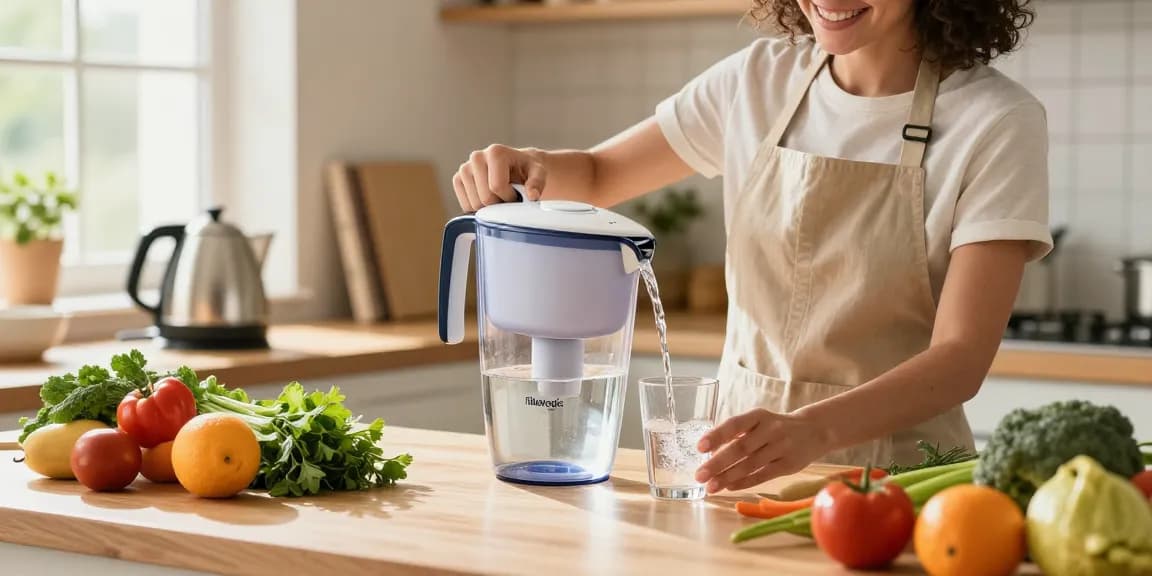 Health-conscious individual pouring from Filterlogic NSF Certified Pitcher Water Filter in bright kitchen, embodying wellness.