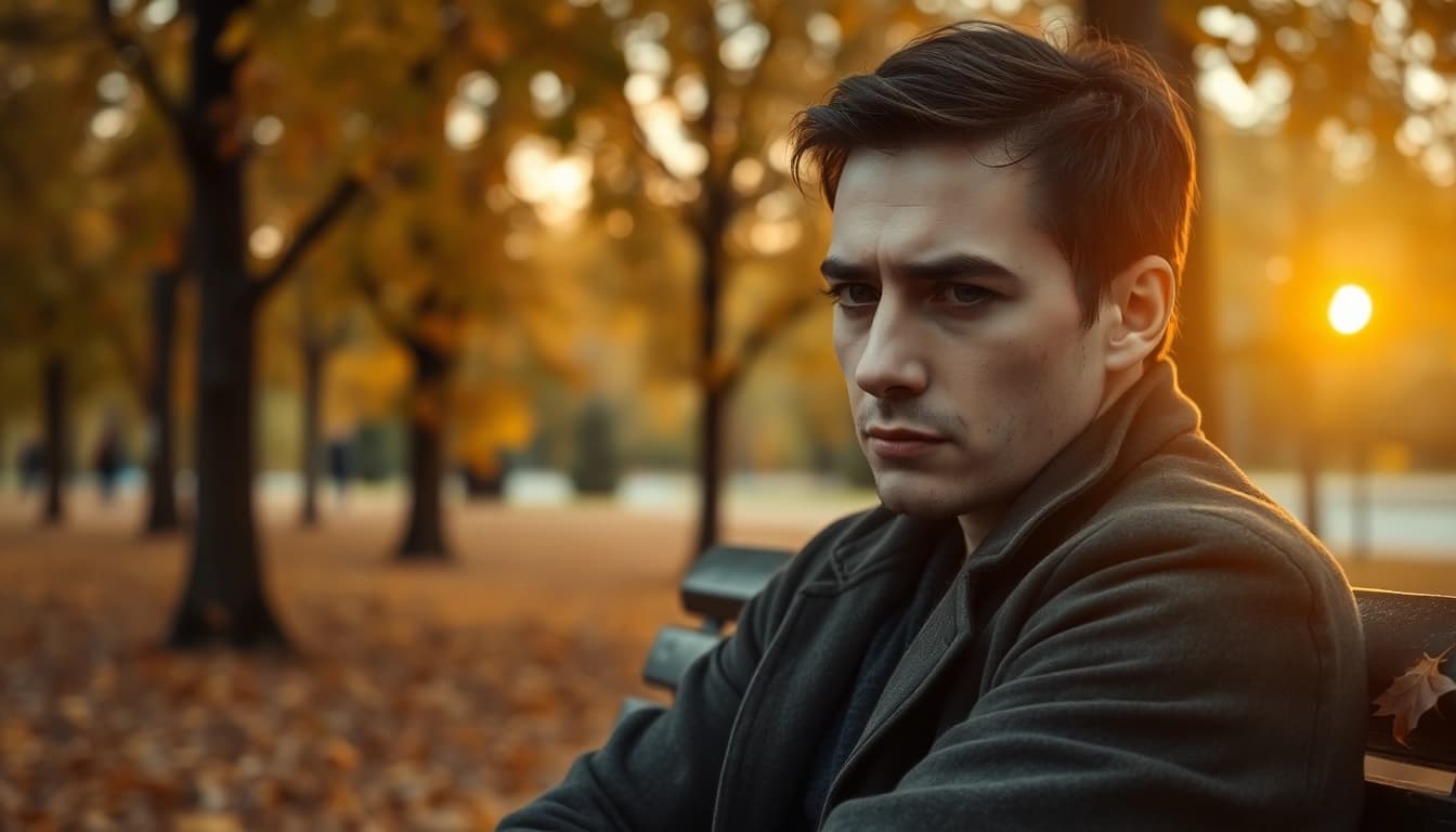 Depression symptoms illustrated by a contemplative person on a park bench amid autumn foliage.