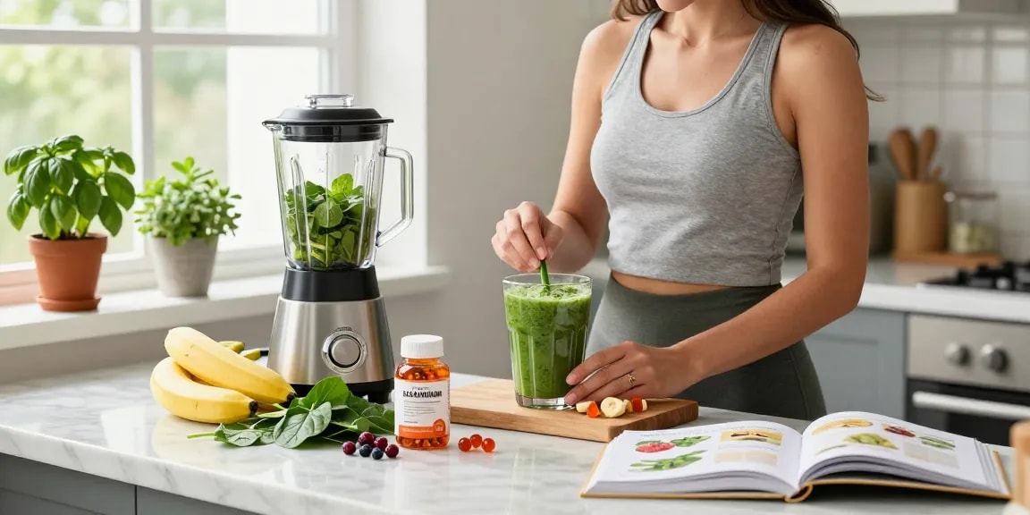 A health-conscious person preparing a smoothie with astaxanthin softgels in a bright kitchen.