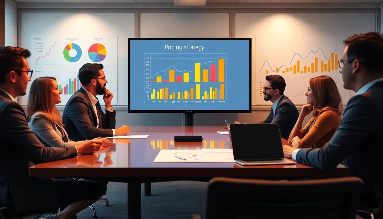 Analyze competitor pricing strategies in a dynamic business meeting with charts.