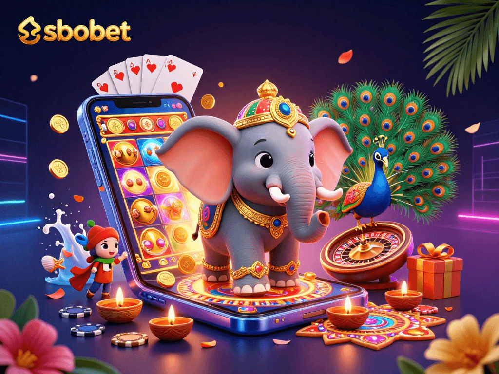 Experience sbobet's vibrant slots with a Diwali-themed elephant and rich casino elements captivating players.