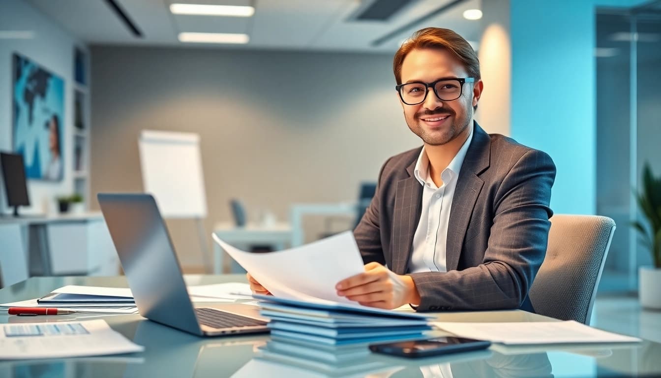 Engage with an extended warranty provider in a modern office setting.