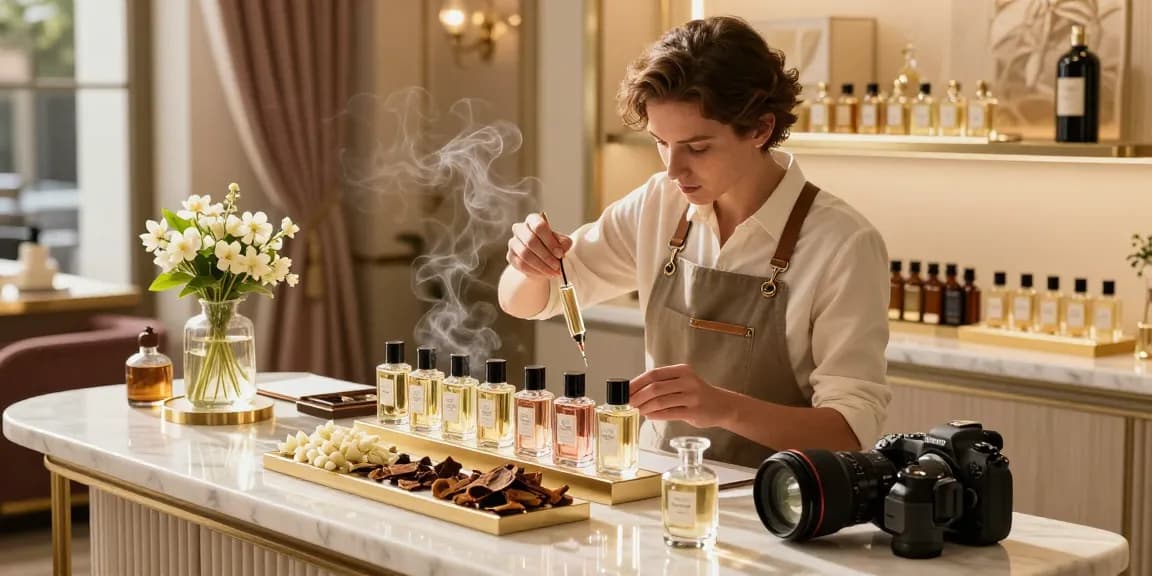 Xerjoff perfume blending in a luxury boutique with rare ingredients.