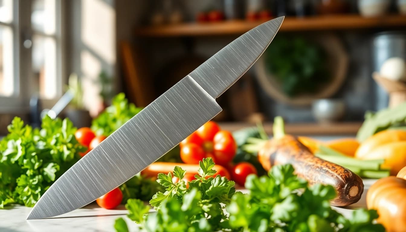 Learn how to choose a chef’s knife by exploring this professional knife displayed on a vibrant kitchen counter.