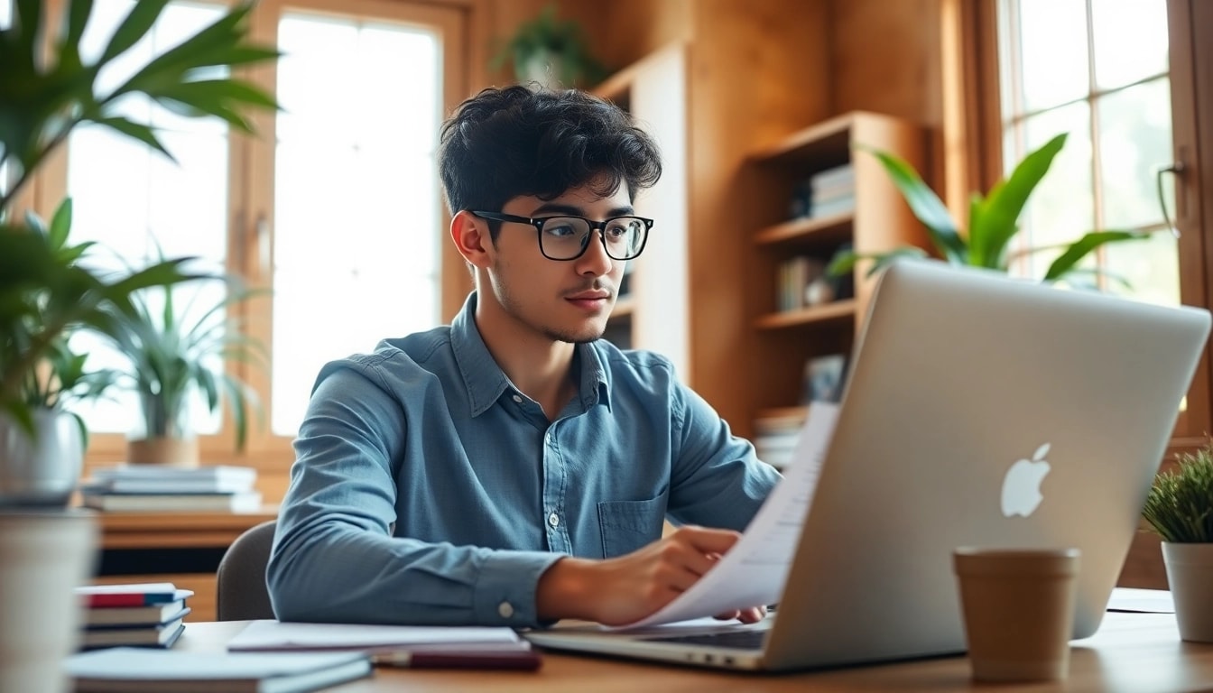 Focused student practicing to pass IT certification exams in a sunny home office.