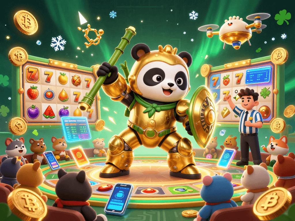 Engage in an exciting slot game featuring a golden panda and vibrant characters surrounded by crypto-themed elements.