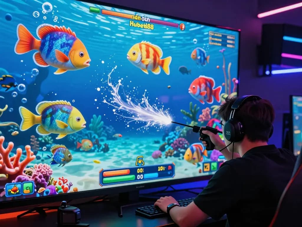 Bắn cá hubet88 online game scene with a player engaging in colorful underwater fishing action.
