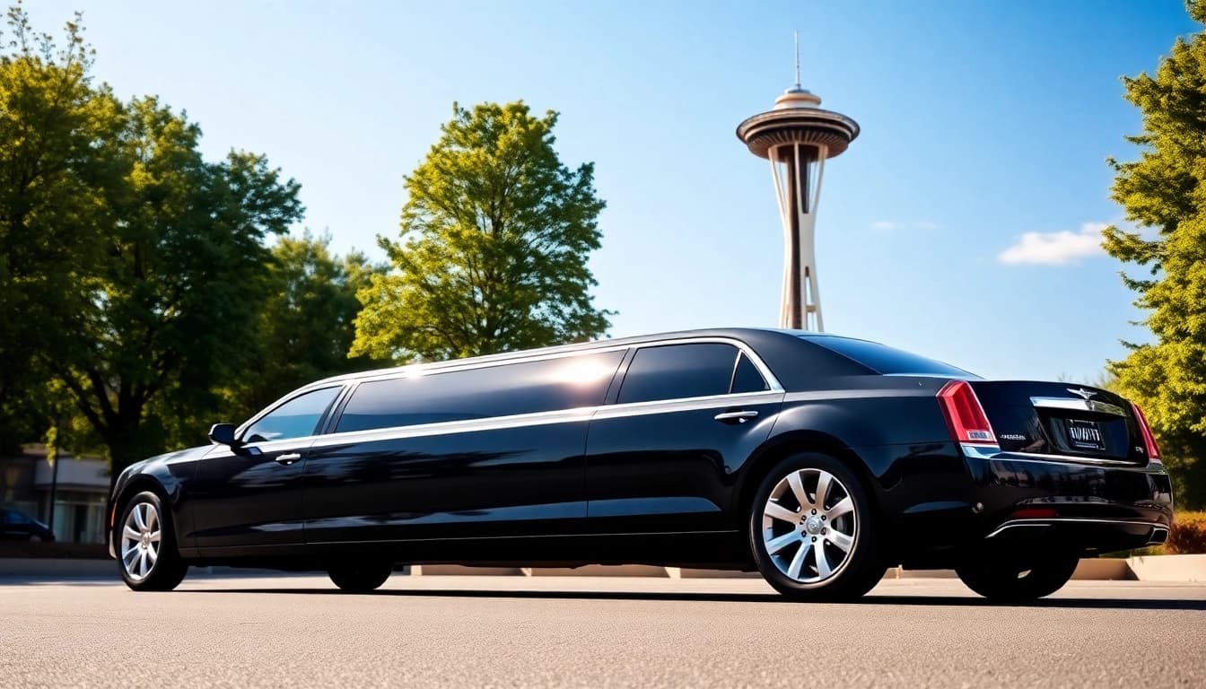Luxury vancouver to seattle limo parked at a landmark with a picturesque background.