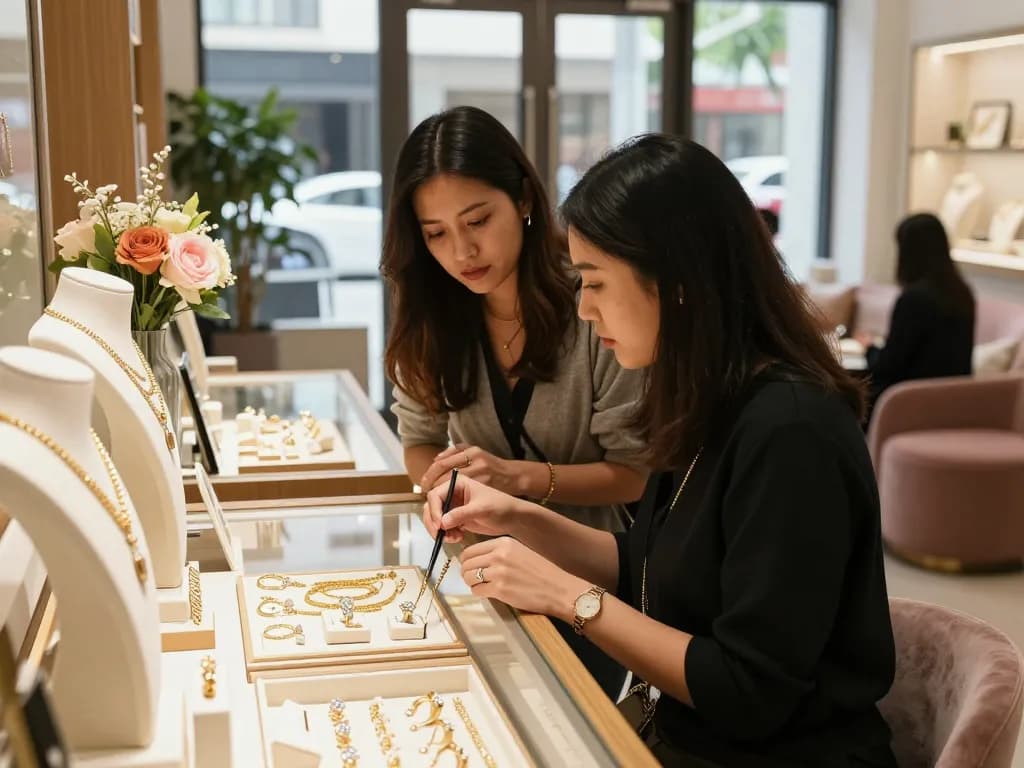 He has a good point about jewelry trends while shopping in an elegant boutique