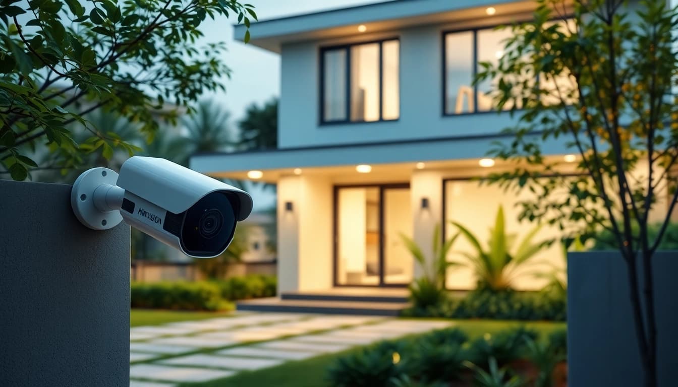 Cámaras Hikvision montadas en una casa moderna, asegurando seguridad y vigilancia en un ambiente vibrante.