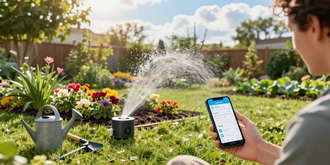 RainPoint smart sprinkler controller in vibrant garden scene, showcasing efficient watering solutions.