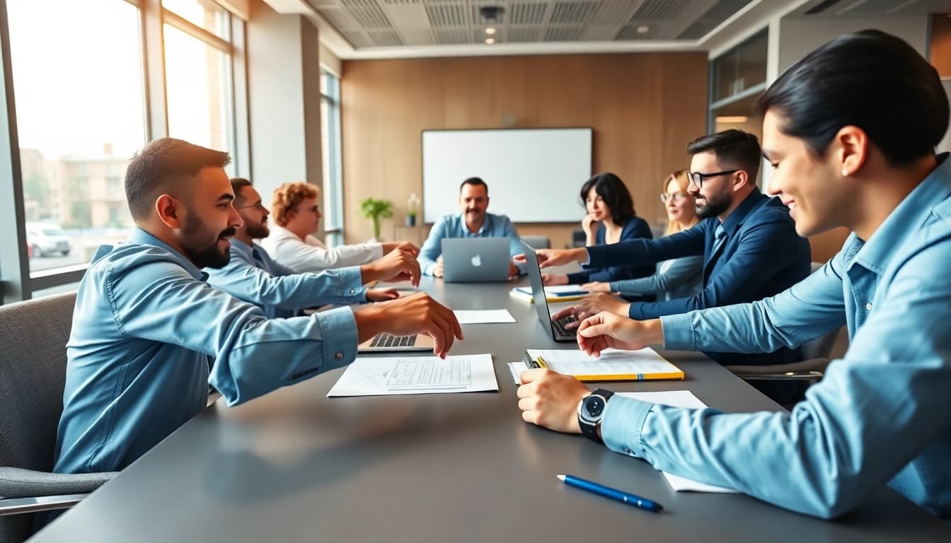 Employees engaged in proposal writing and management collaboration in a bright office environment.