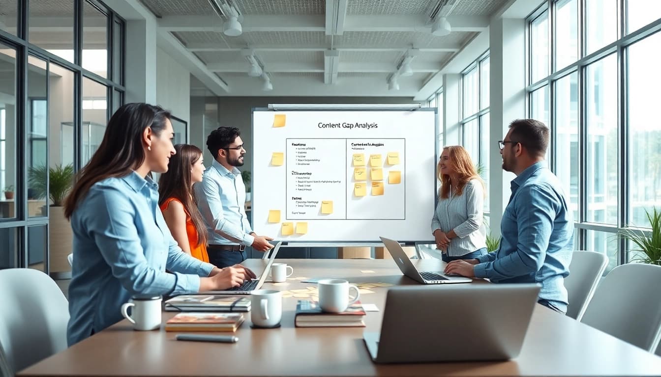 Analyzing key findings in a Content Gap Analysis with a team in a modern office setting.