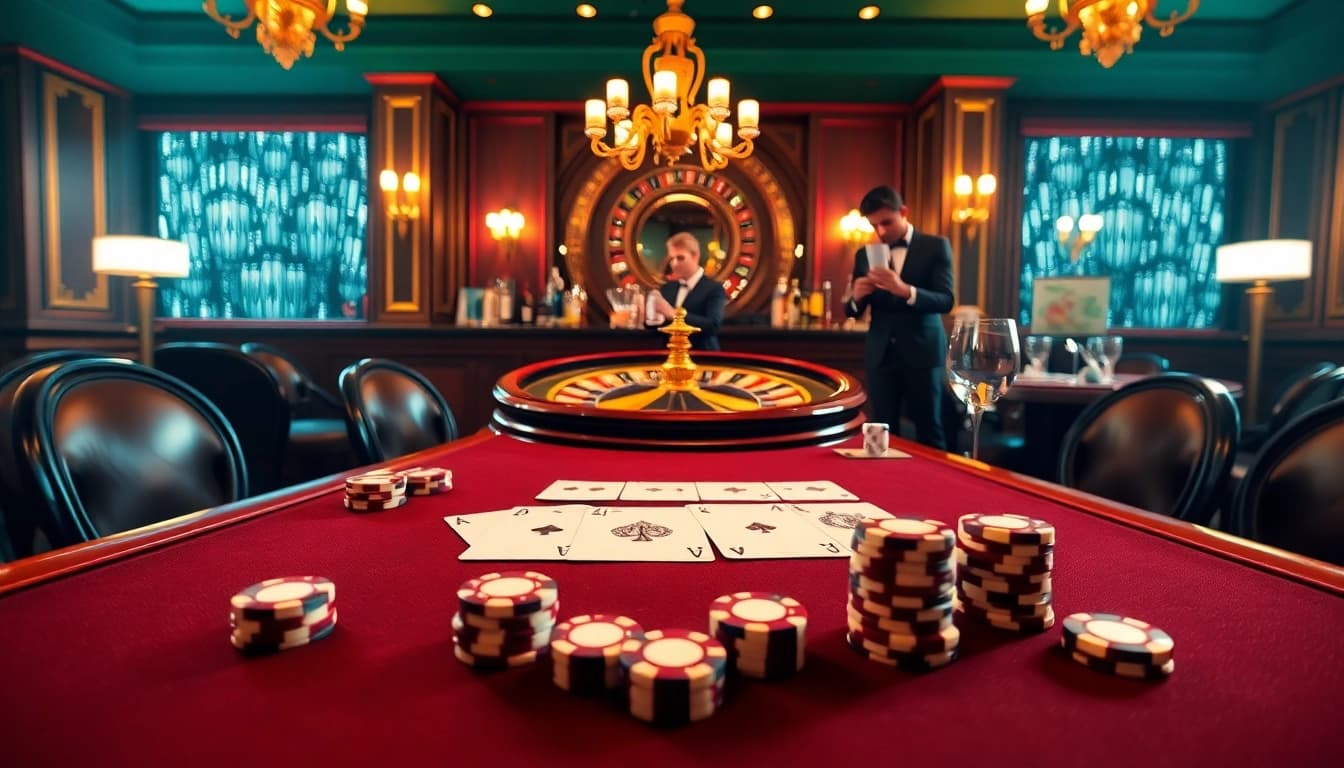 Experience high-stakes poker with Gopay88 at a luxurious casino table filled with cards and chips.