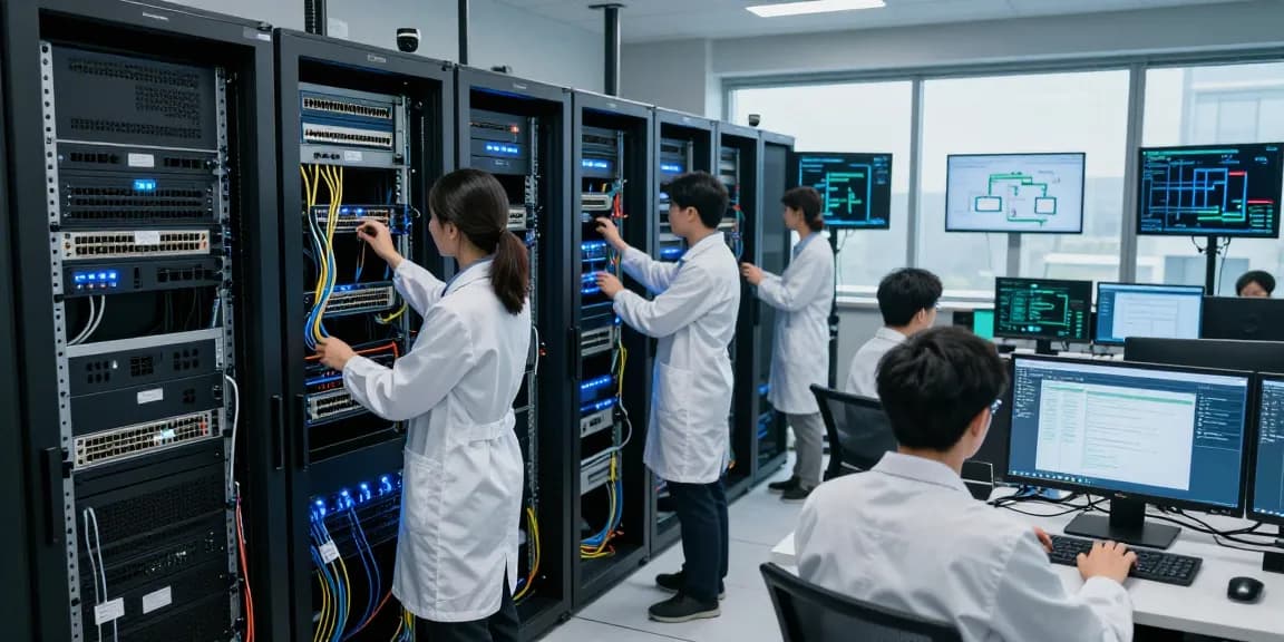 Inside a server room with C19/C20 connectors being inspected by technicians while monitoring performance data.