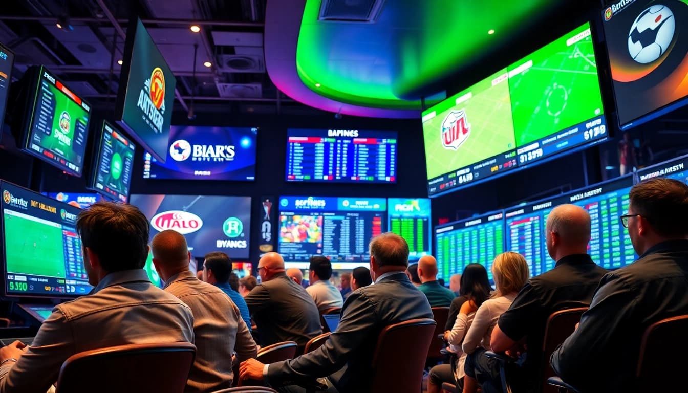 Engaged bettors at sportsbooks in Alberta monitor live odds and sports events with excitement.