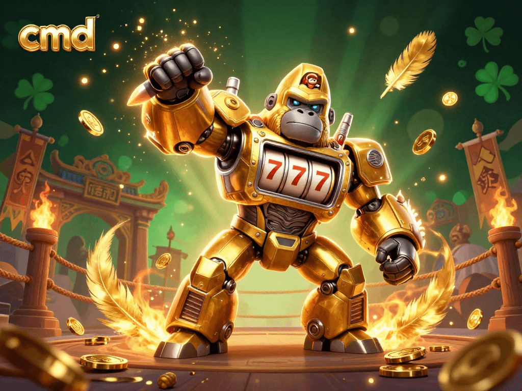 cmd features a golden gorilla mech with slot machine parts, winning big in a vibrant casino scene.