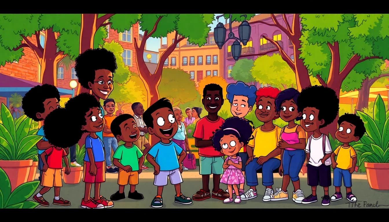 A lively urban park scene featuring iconic African American cartoons characters celebrating diversity and creativity.