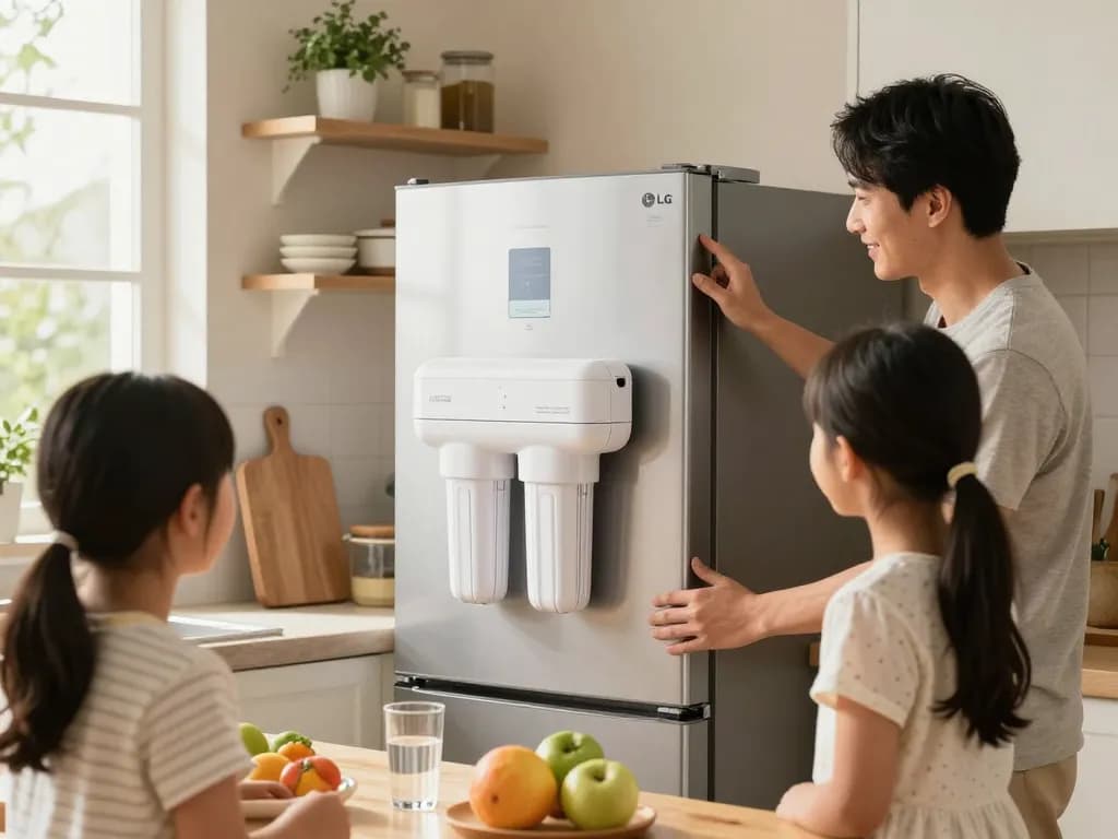 Family member installing the Waterdrop Alkaline LT1000PC ADQ747935 Replacement for LG® LT1000P®/PC/PCS ThinQ® Refrigerator Water Filter in a bright kitchen with fresh produce.