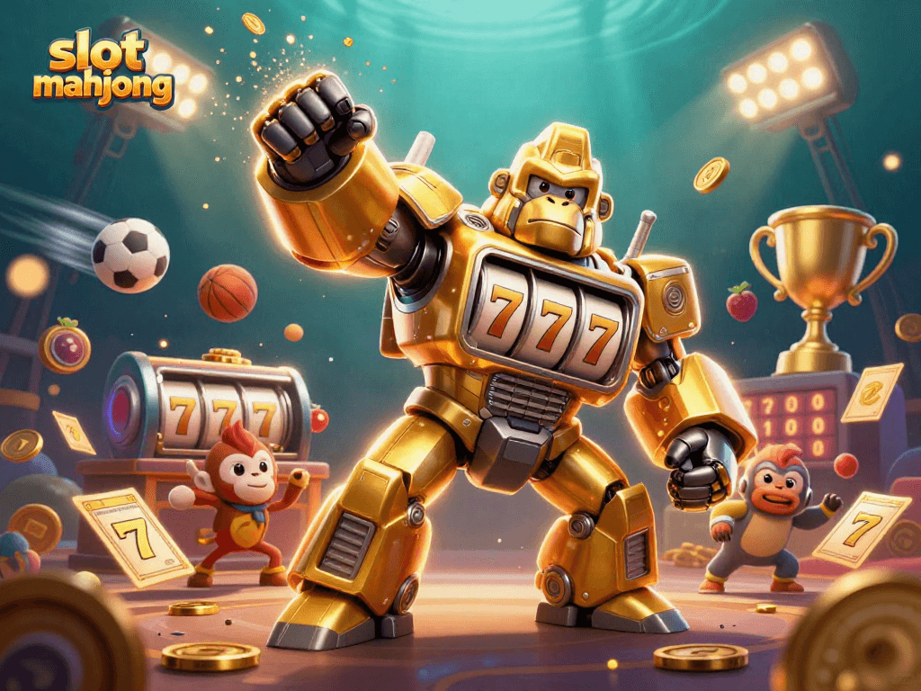 Engage in slot mahjong with a lively illustration of golden mech gorilla amidst dynamic sports elements.
