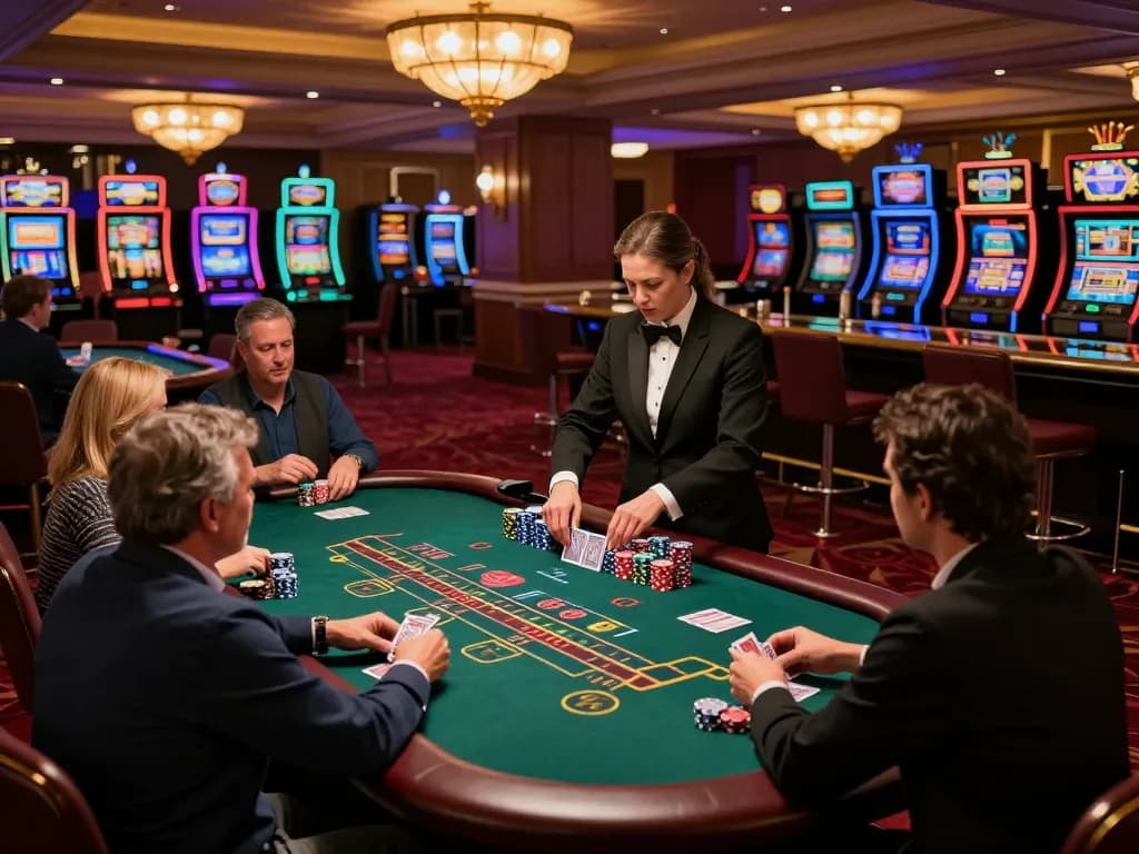 The hidden wiki showcases players engrossed at an elegant blackjack table in a luxurious casino environment.