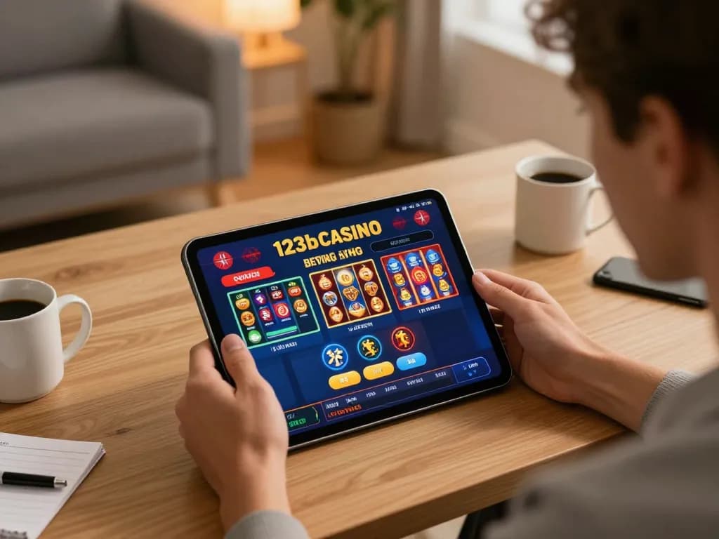 Player enjoying interactive gameplay on 123b tablet app in a cozy home setting, showcasing responsible gambling.