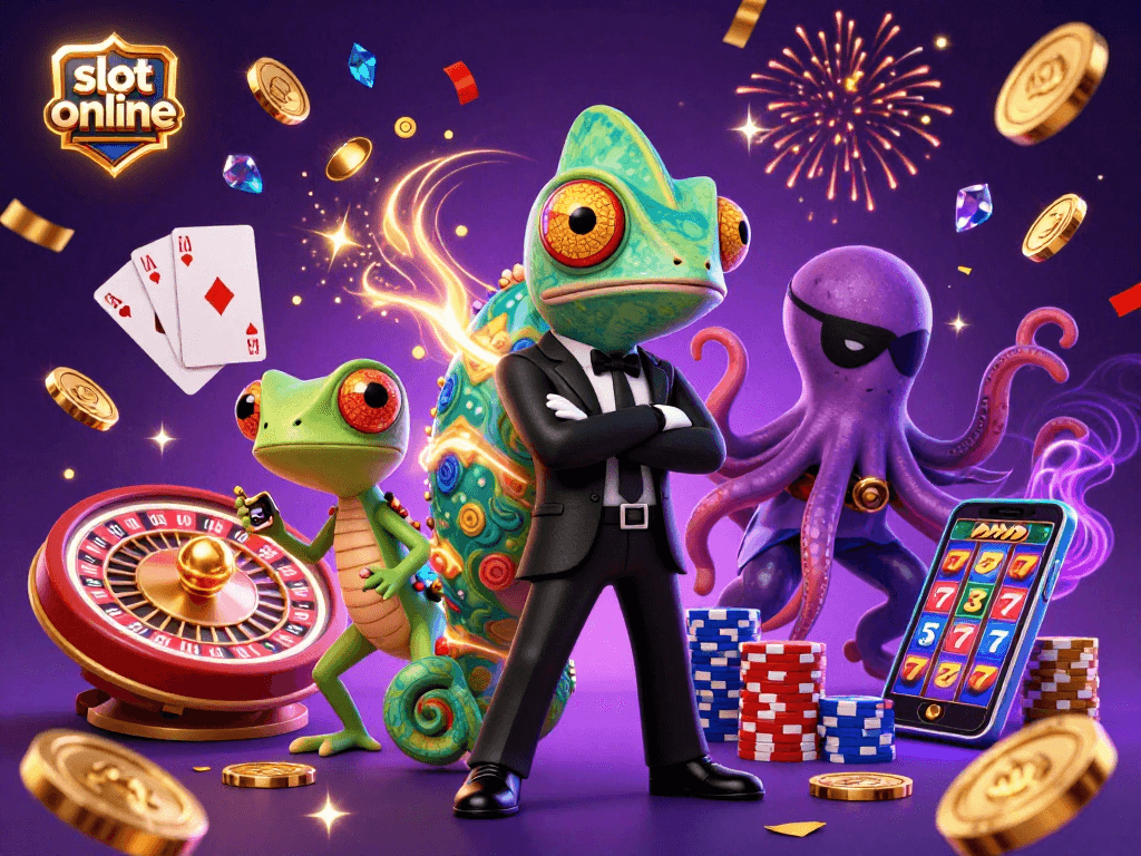 Engage with the excitement of slot online gameplay as our 3D characters celebrate wins in a vibrant casino scene.