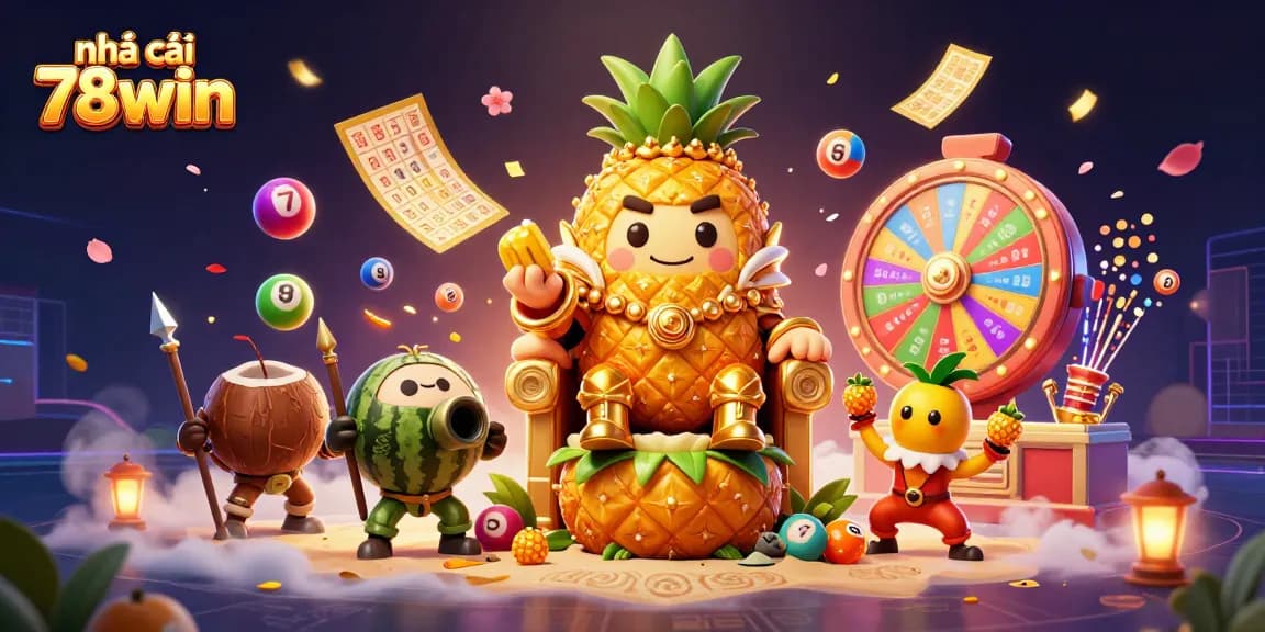 Experience the excitement of nhà cái 78win with a vibrant casino scene featuring a golden pineapple king.