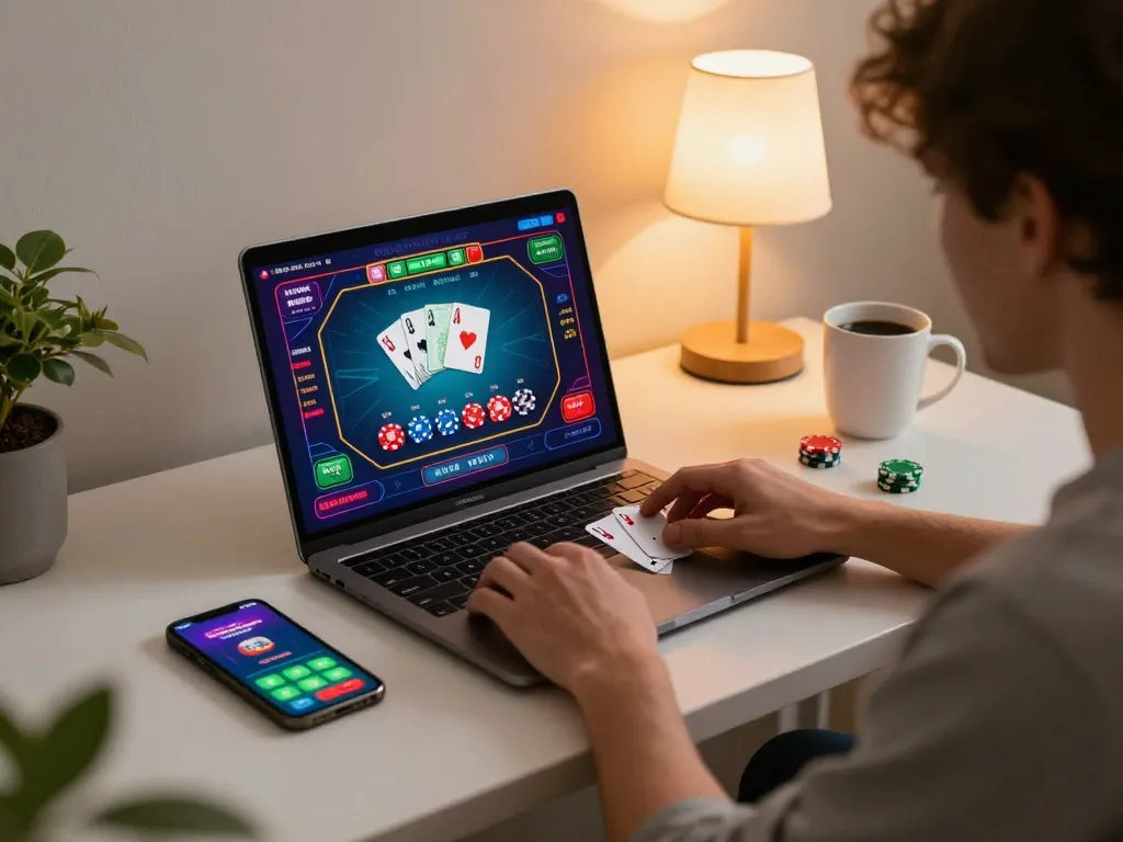 Engaging live dealer game with tr88 on a laptop, vibrant colors and casino atmosphere enhance the experience.