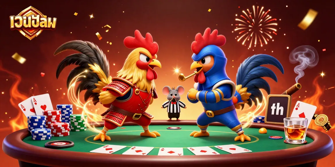 Engage in thrilling betting on เว็บบอล with dynamic cartoon roosters in a colorful casino setup.