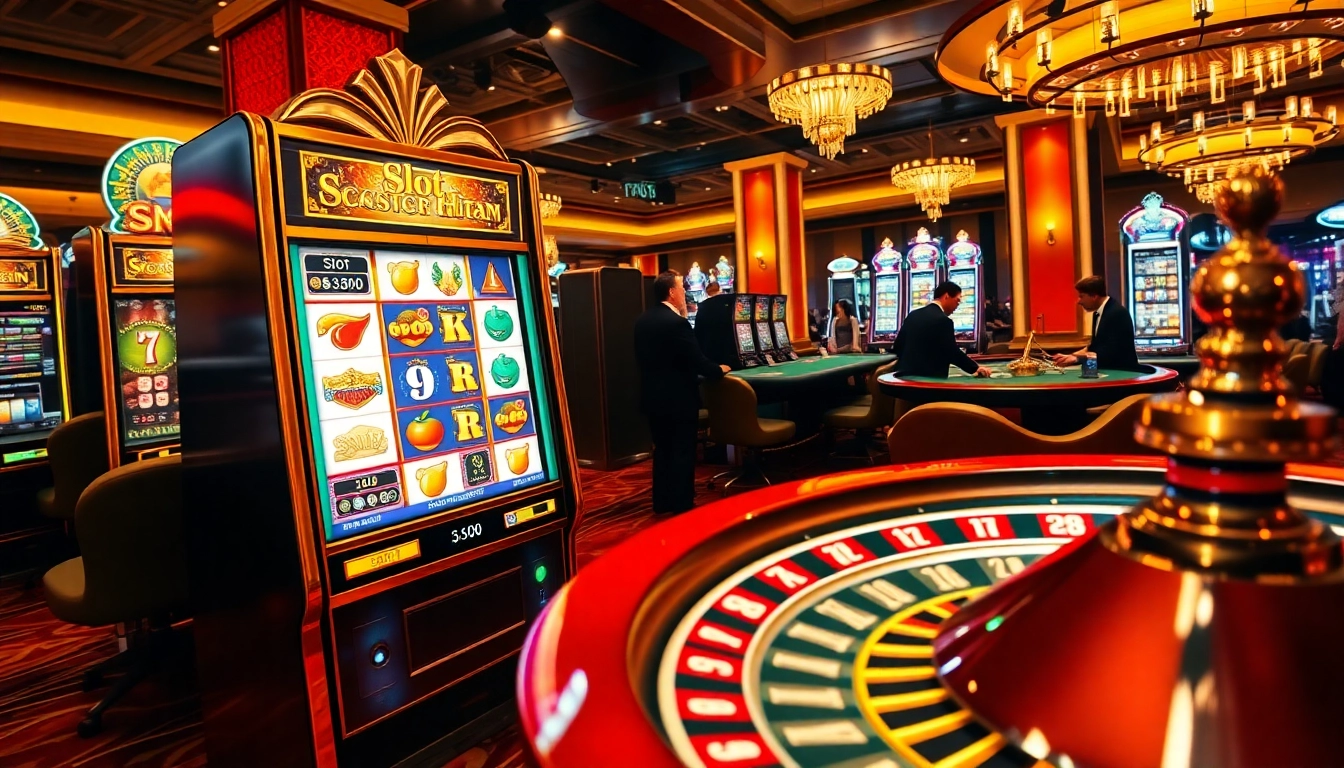 Play 'slot scatter hitam' on an enticing, vibrant casino floor filled with excitement and high-stakes action.