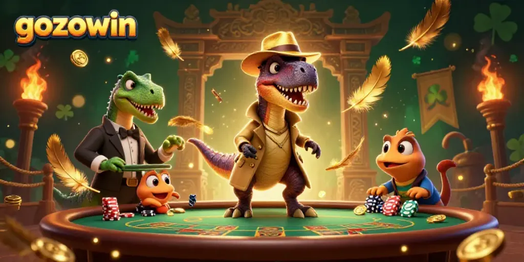 Winning at the blackjack table with a velociraptor card counter in the vibrant scene of gozowin casino illustration.